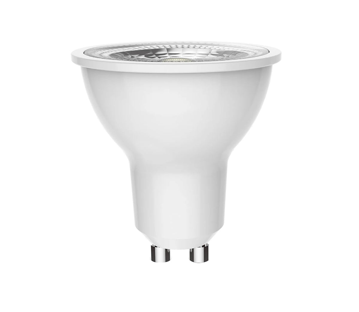 GU10 LED spot bulb with clear lens and white body, GU10 fitting, 8W, 3000K warm white, 600lm, shown against a plain white background.
