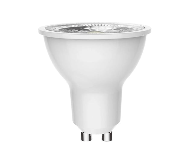 GU10 LED spot bulb with clear lens and white body, GU10 fitting, 8W, 3000K warm white, 600lm, shown against a plain white background.