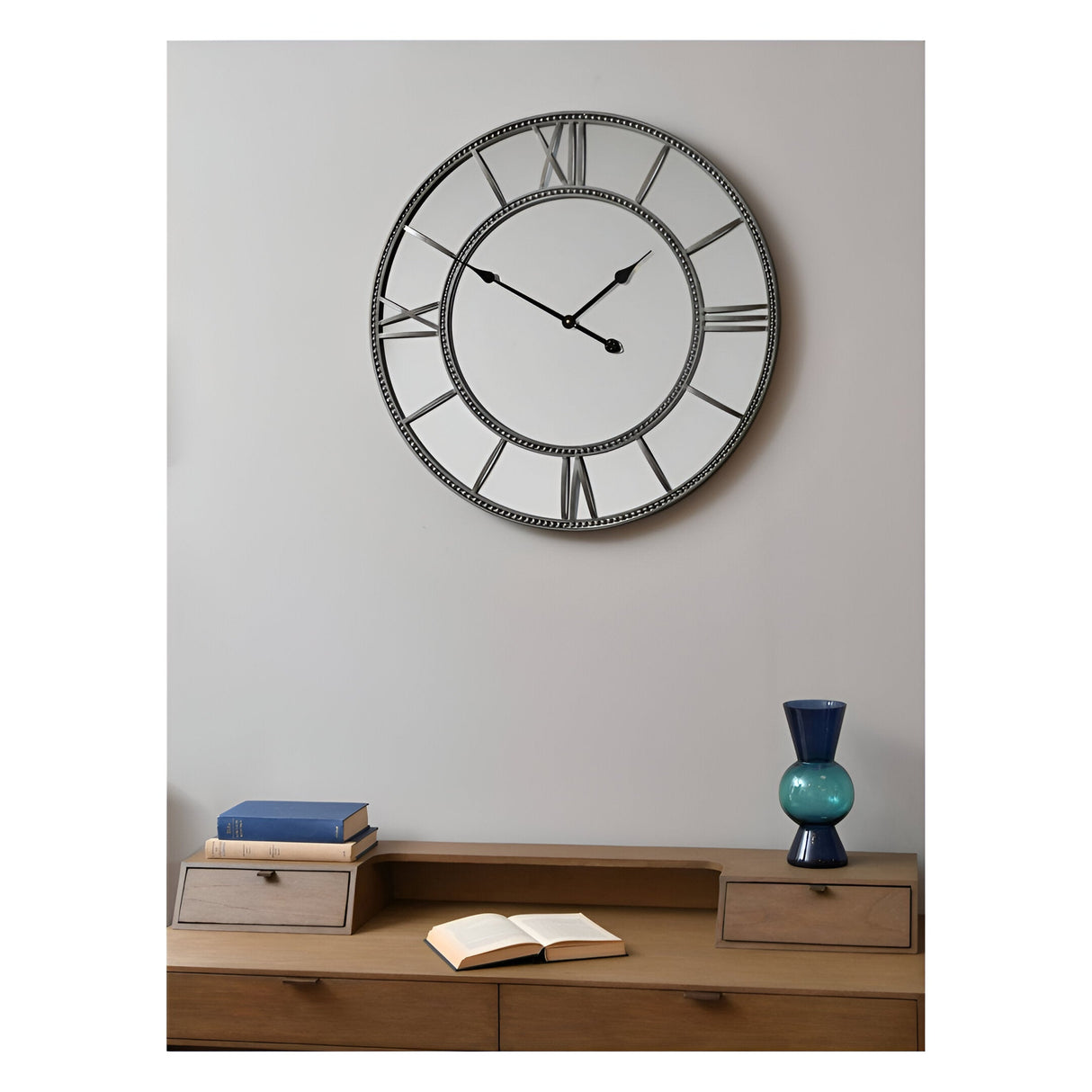 Beaded Mirrored Round Clock - Grey