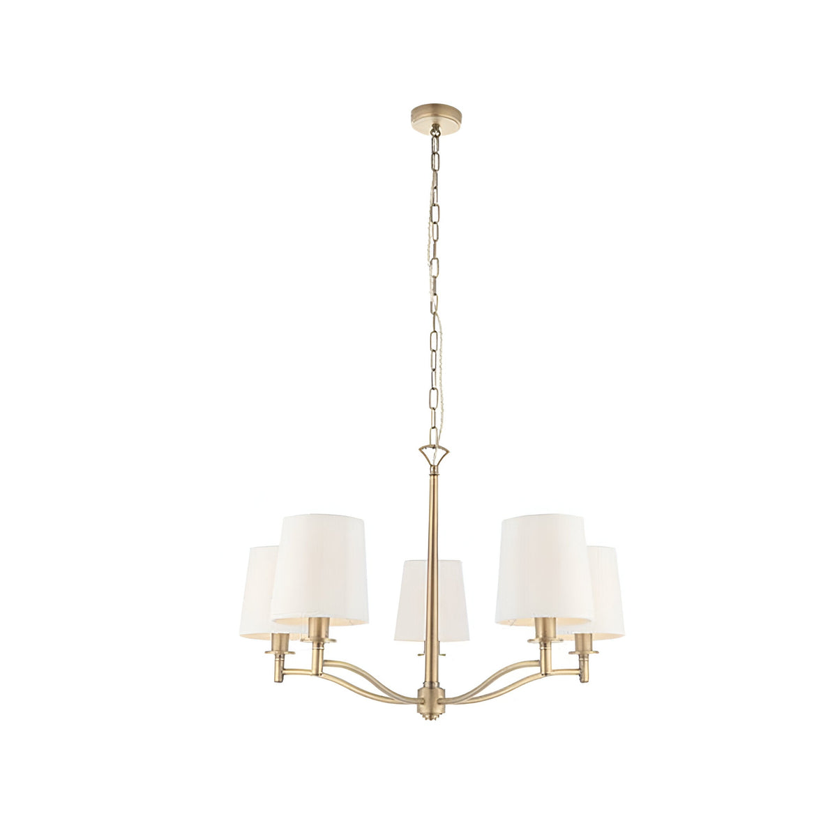 Endon Castwell 5 light pendant with vintage white faux silk shades on a matt antique brass frame, suspended from a chain on a plain white background.
