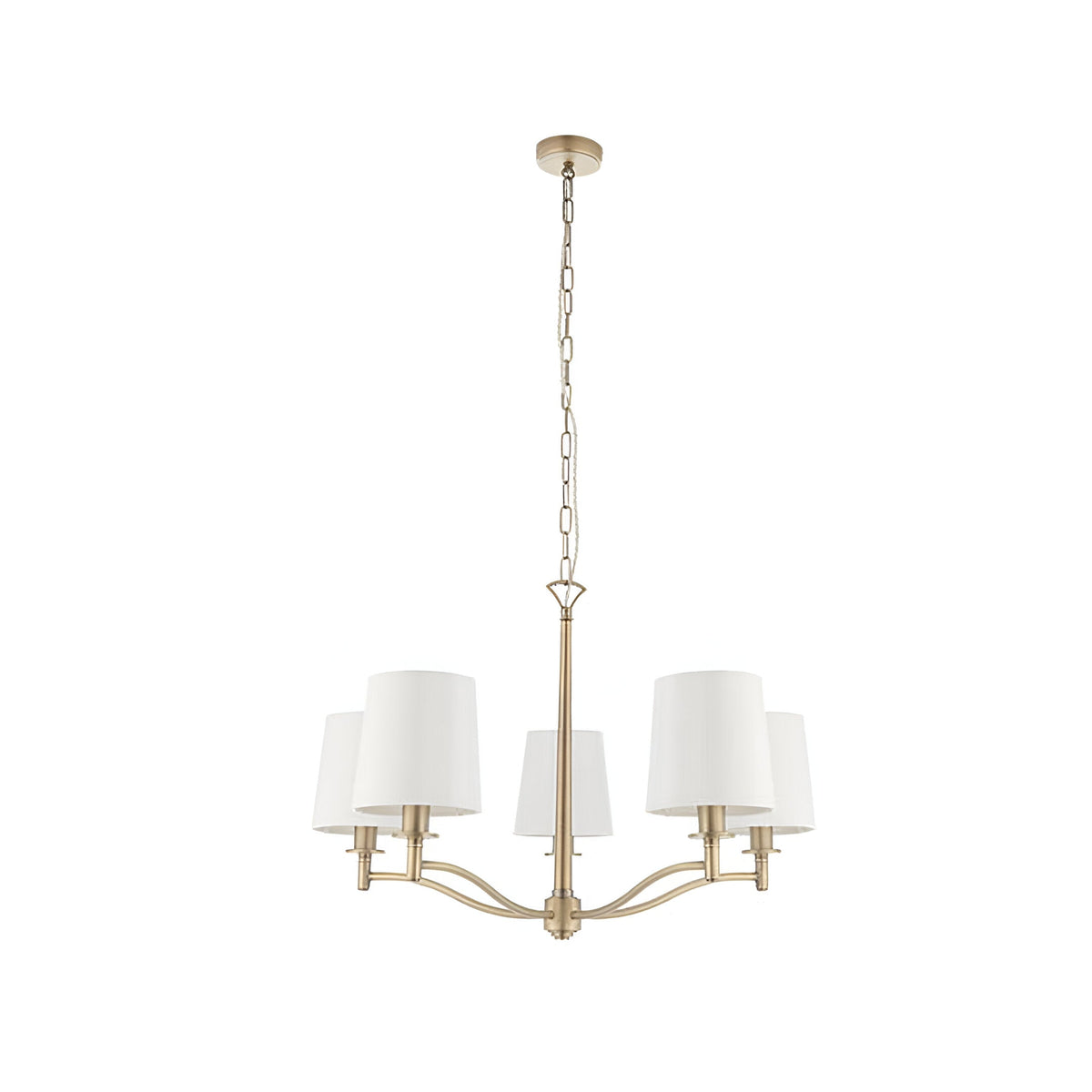 Endon Castwell 5 light pendant with vintage white faux silk shades on a matt antique brass frame and chain suspension, shown on a white background.
