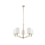 Endon Castwell 5 light pendant with vintage white faux silk shades on a matt antique brass frame and chain suspension, shown on a white background.