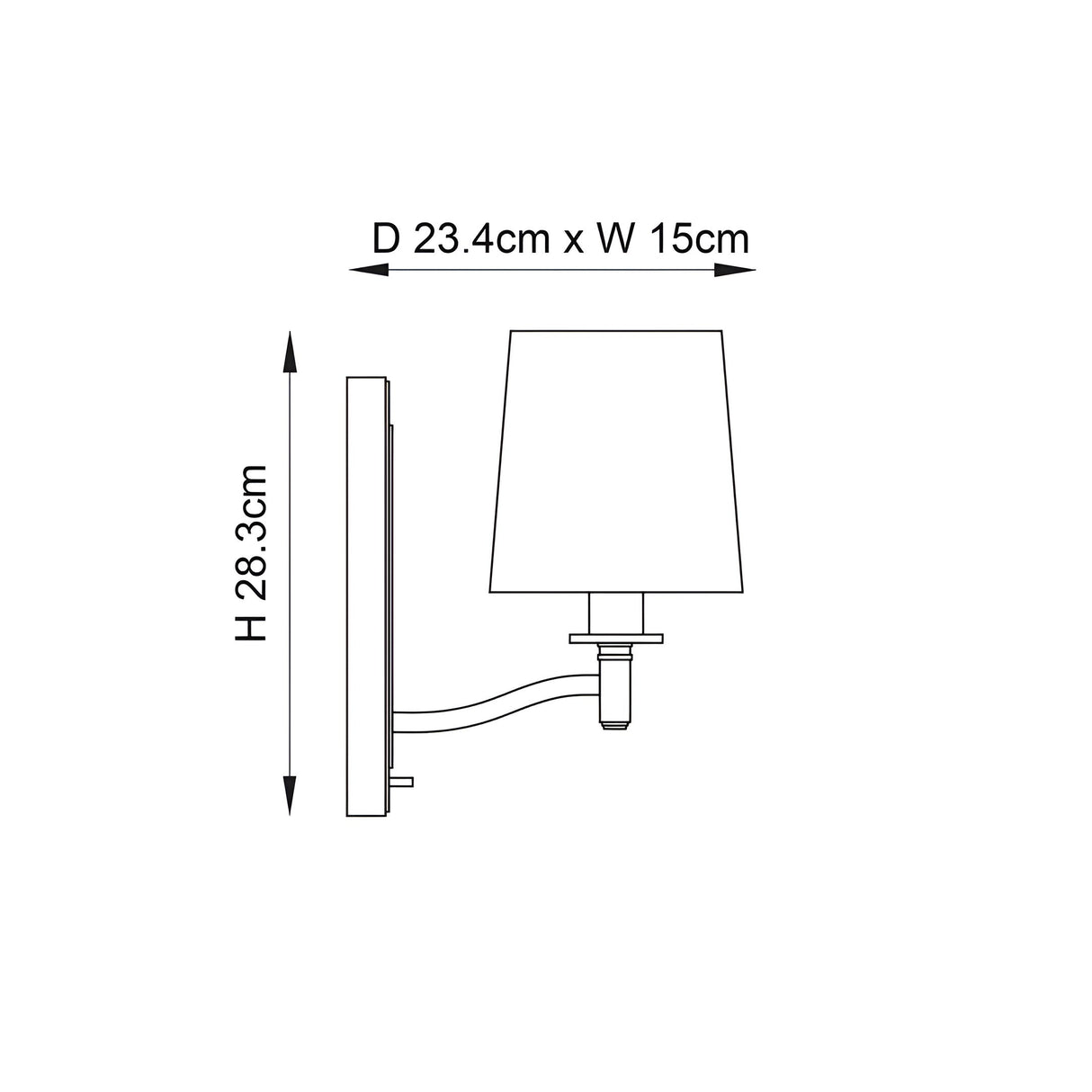 Dimension diagram of the Endon Castwell wall light showing 28.3cm height, 23.4cm depth and 15cm width, with tapered shade on a curved arm.