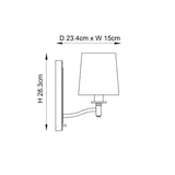 Dimension diagram of the Endon Castwell wall light showing 28.3cm height, 23.4cm depth and 15cm width, with tapered shade on a curved arm.