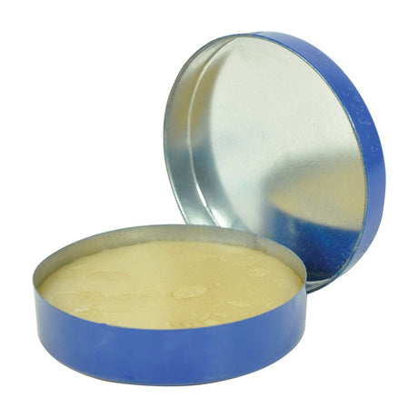Mercury Soldering Flux 30g in an open blue metal tin showing pale yellow flux paste, with the lid propped behind on a white background.