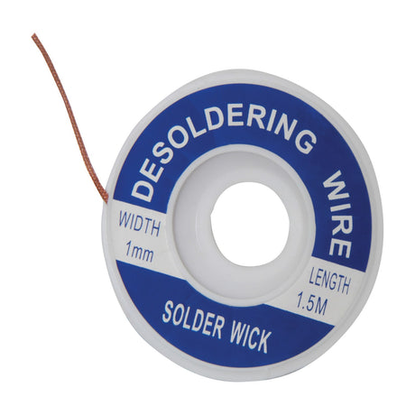 Mercury desolder braid on a white and blue pop-open reel with 1mm copper wick extending from the spool, labelled 1.5m length.