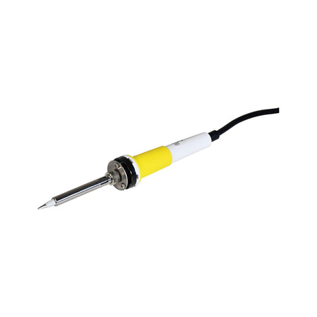 Mercury 48W replacement soldering iron by AVSL with yellow and white handle, metal shaft, pointed tip, and 5-pin DIN lead, shown on a white background.