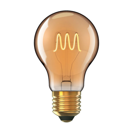 Classic E27 5W amber glass light bulb with visible spiral filament and brass screw cap, shown against a plain white background.