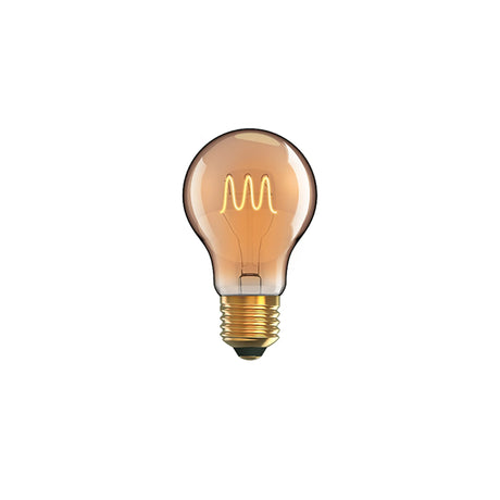 Classic E27 vintage light bulb with amber-tinted glass, pear shape, and visible curved filament, 5W 1800K, on a plain white background.