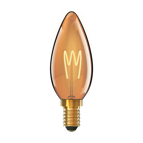 Classic E14 candle-shaped LED bulb, 2W, in amber glass with visible spiral filament and E14 screw cap, shown on a plain white background.