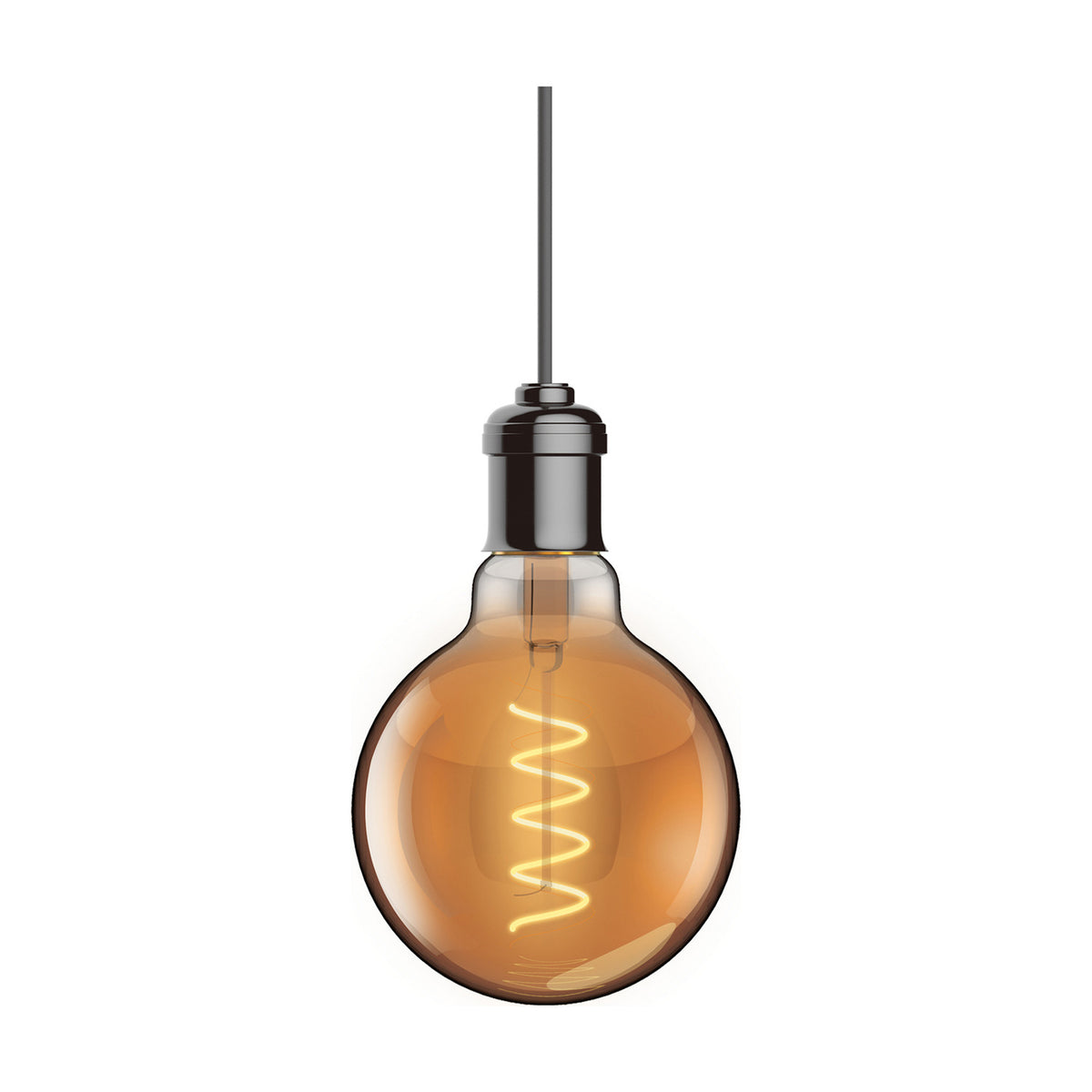 Classic E27 5W globe dimmable bulb, 95mm amber glass with spiral filament, shown suspended from a dark pendant fitting on a plain white background.