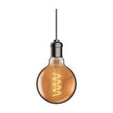 Classic E27 5W globe dimmable bulb, 95mm amber glass with spiral filament, shown suspended from a dark pendant fitting on a plain white background.