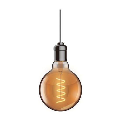 Classic E27 5W globe dimmable bulb, 95mm amber glass with spiral filament, shown suspended from a dark pendant fitting on a plain white background.