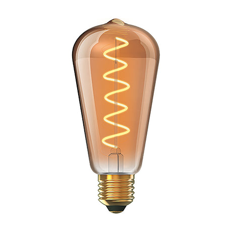 Classic E27 dimmable LED bulb in amber glass with teardrop shape, visible spiral filament, and brass-coloured screw fitting, shown on a plain white background.