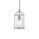 Endon Caldbury single-light lantern pendant in satin nickel with clear glass panels, filament E27 bulb and adjustable chain, on a white background.