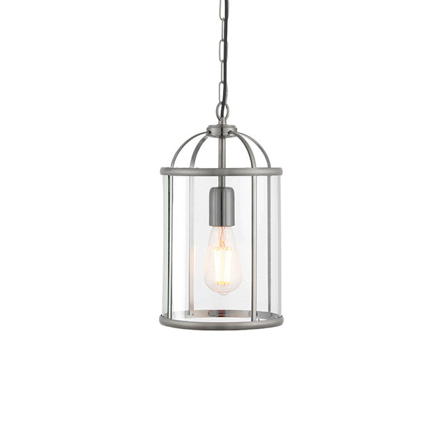 Endon Caldbury single-light lantern pendant in satin nickel with clear glass panels, filament E27 bulb and adjustable chain, on a white background.