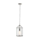 Endon Caldbury pendant light in satin nickel with a lantern-shaped frame, clear glass panels, single E27 filament bulb, and adjustable chain suspension.