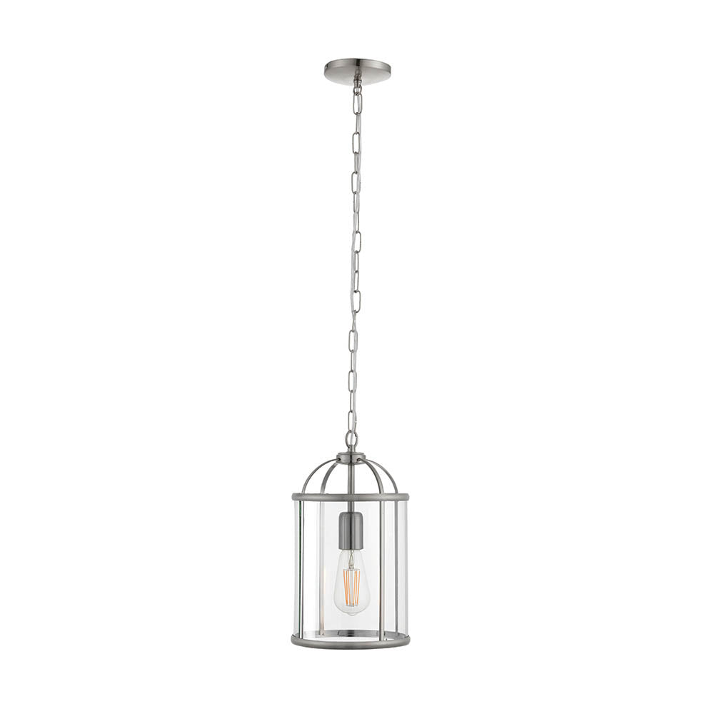 Endon Caldbury single-light pendant in satin nickel with clear glass panels, lantern-shaped frame and filament E27 lamp, hung from an adjustable chain.