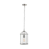Endon Caldbury single-light pendant in satin nickel with clear glass panels, lantern-shaped frame and filament E27 lamp, hung from an adjustable chain.