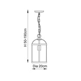 Endon Caldbury pendant light dimension diagram showing 200mm diameter and 500-1900mm adjustable height with chain suspension and lantern-style frame.