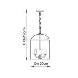 Dimensioned line drawing of the Endon Caldbury 4 Light Pendant showing 300mm diameter and 60–198cm adjustable height with chain suspension.