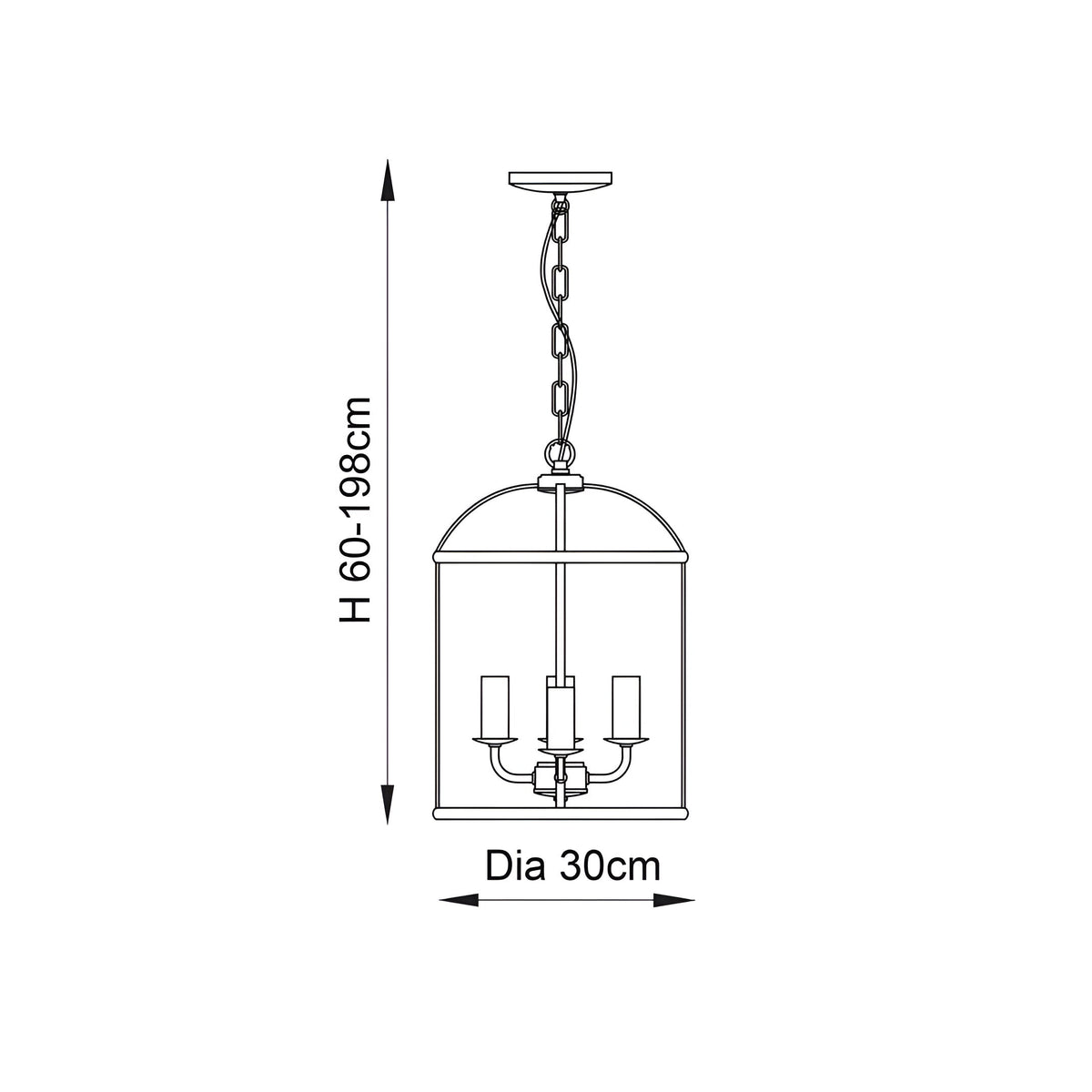 Dimension diagram of the Endon Caldbury 4 Light Pendant in nickel, showing a 30cm diameter lantern frame with adjustable 60-198cm chain drop.