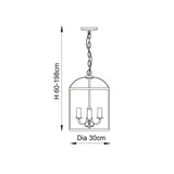 Dimension diagram of the Endon Caldbury 4 Light Pendant in nickel, showing a 30cm diameter lantern frame with adjustable 60-198cm chain drop.