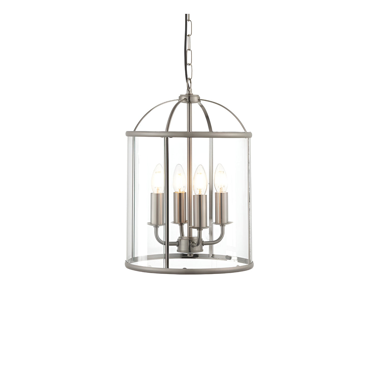 Endon Caldbury 4 light pendant in nickel with clear glass panels, four E14 candle lamps and domed frame on an adjustable chain, on a white background.