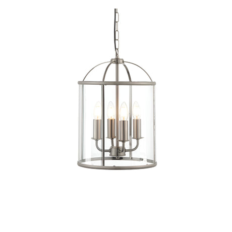 Endon Caldbury 4 light pendant in nickel with clear glass panels, four E14 candle lamps and domed frame on an adjustable chain, on a white background.