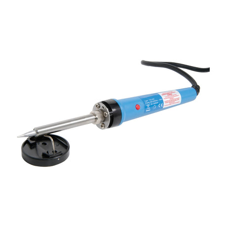 Mercury switchable 20W/130W soldering iron by AVSL with blue handle, red indicator, metal shaft, pointed tip and black round stand on a white background.