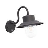 Endon Bevfield fisherman-style outdoor wall lantern in textured black with clear glass diffuser, exposed filament bulb and built-in PIR sensor.