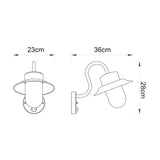 Dimension diagram of the Endon Bevfield PIR outdoor wall light showing front and side views with 23cm width, 36cm projection and 28cm height.