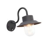 Endon Bevfield fisherman-style outdoor wall light in textured black with clear glass diffuser, curved arm and built-in PIR sensor on the wall plate.