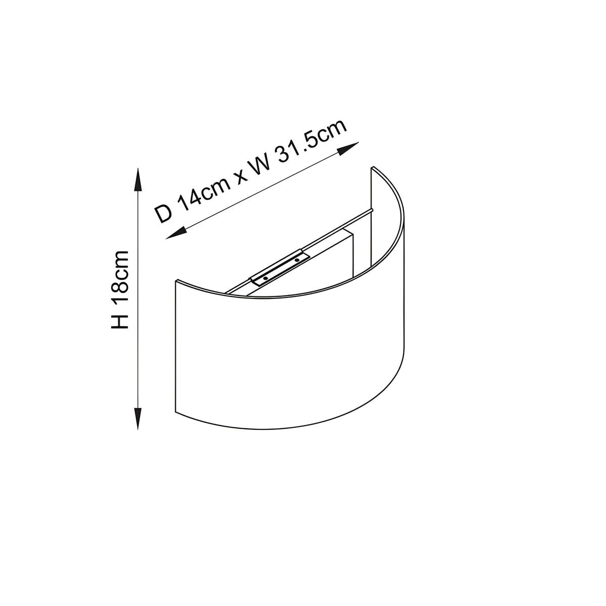 Dimensioned line drawing of the Endon Castmere semi-circular wall light showing height 18cm, width 31.5cm and 14cm projection from the wall.