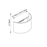 Dimensioned line drawing of the Endon Castmere semi-circular wall light showing height 18cm, width 31.5cm and 14cm projection from the wall.