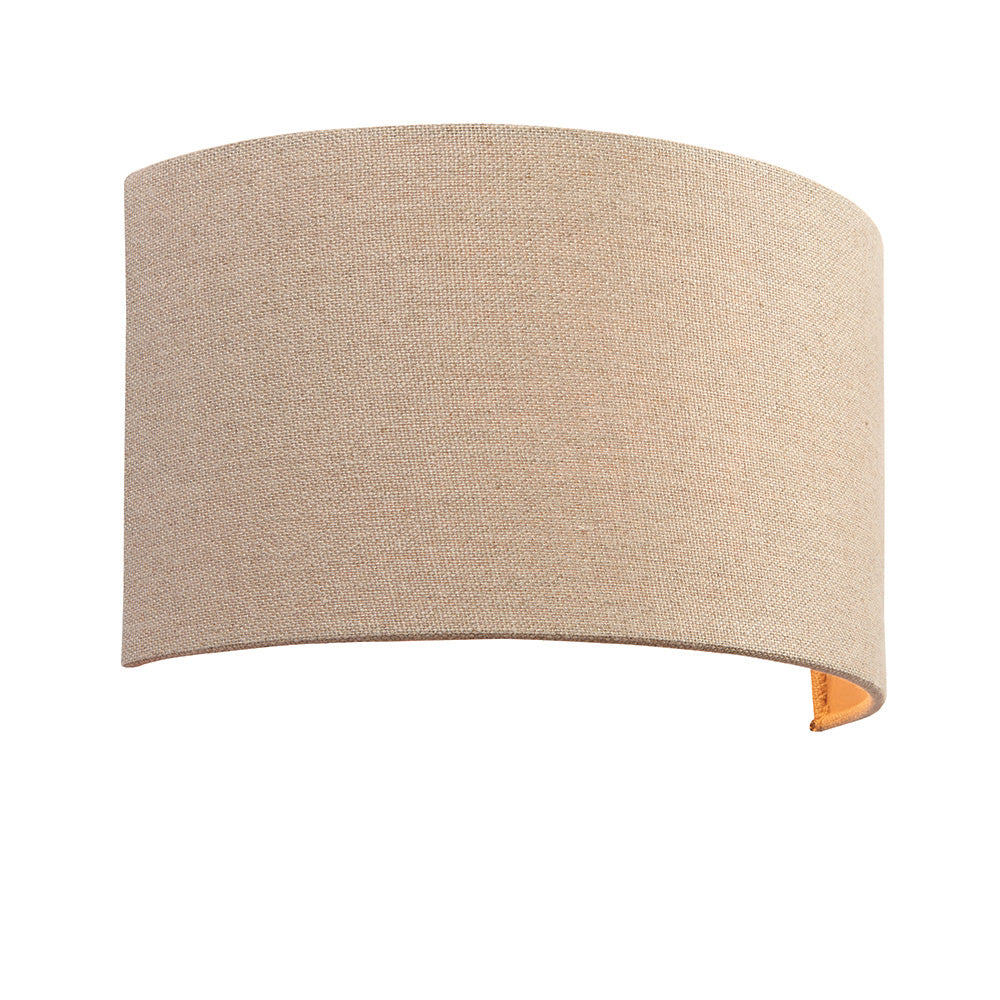 Endon Castmere semi-circular wall light with natural linen fabric shade on a steel frame, shown against a plain white background.