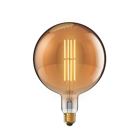 Large round E27 globe bulb, 20cm amber-tinted glass with visible LED filament, dimmable, warm 1800K glow, shown on a plain white background.