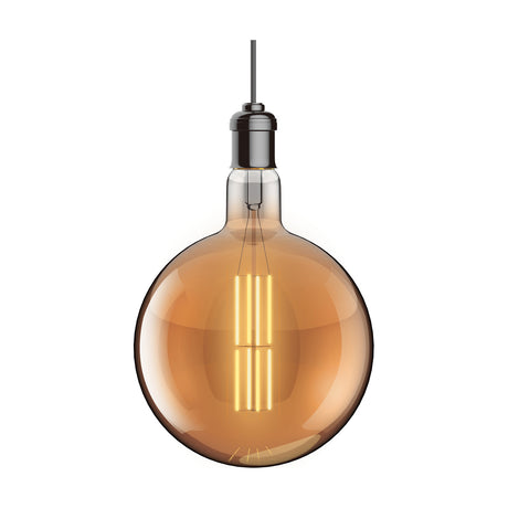 Classic E27 8W Globe Dimmable Bulb 20cm 1800K 630lm in amber, shown upright on a plain white background.