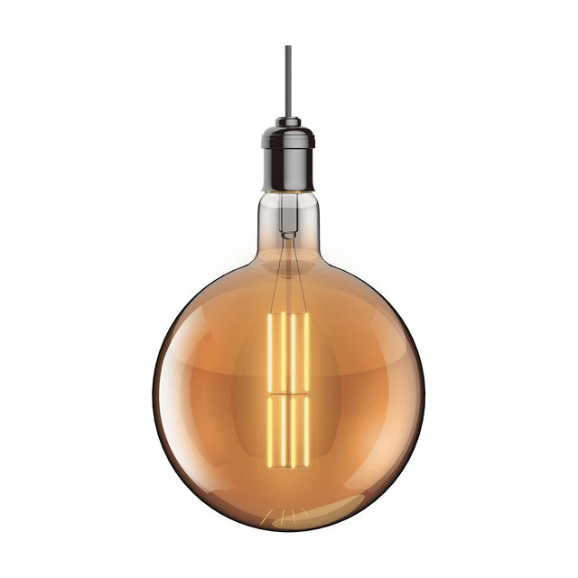 Classic E27 8W Globe Dimmable Bulb 20cm 1800K 630lm in amber, shown upright on a plain white background.