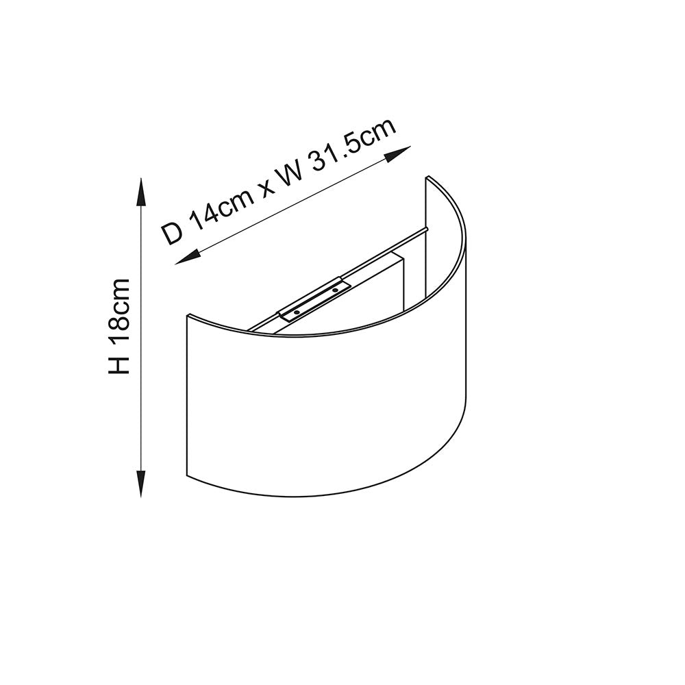 Endon Castmere semi-circular wall light dimension diagram showing 18cm height, 31.5cm width and 14cm projection on a plain background.