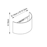 Endon Castmere semi-circular wall light dimension diagram showing 18cm height, 31.5cm width and 14cm projection on a plain background.