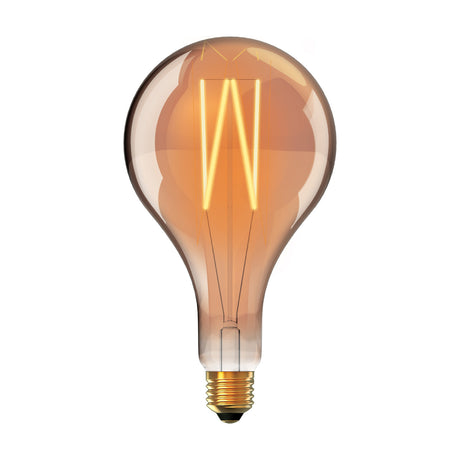 Large pear-shaped E27 LED filament bulb in amber glass with visible zigzag filament and brass-tone screw cap, 16cm, 1800K warm glow, on a plain white background.