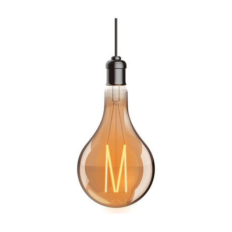 Pear-shaped E27 amber glass bulb with visible M-shaped filament, hung on black flex from a black fitting against a plain white background.