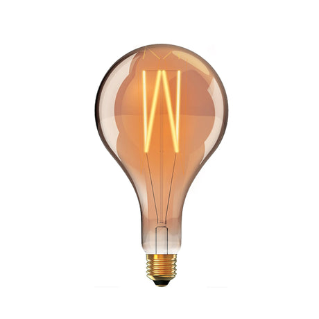 Large pear-shaped E27 filament bulb in amber glass with visible zigzag filament and brass-tone screw cap, shown on a plain white background.