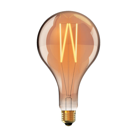 Classic E27 8W dimmable filament bulb in pear-shaped amber glass, 16cm, with visible zigzag filament and brass-coloured cap, shown on a plain white background.
