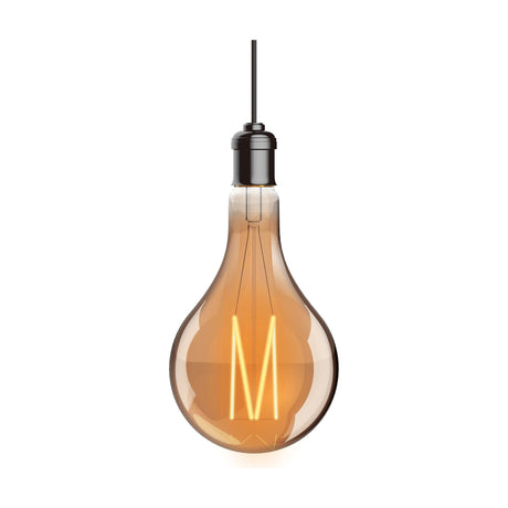 Pendant light with large pear-shaped E27 amber glass filament bulb featuring an M-shaped LED filament, on black fitting and cord against a white background.
