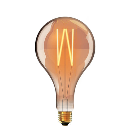 Large pear-shaped E27 filament bulb in amber-tinted glass with visible W-shaped filament, brass fitting, dimmable, 1800K warm white, on a plain white background.