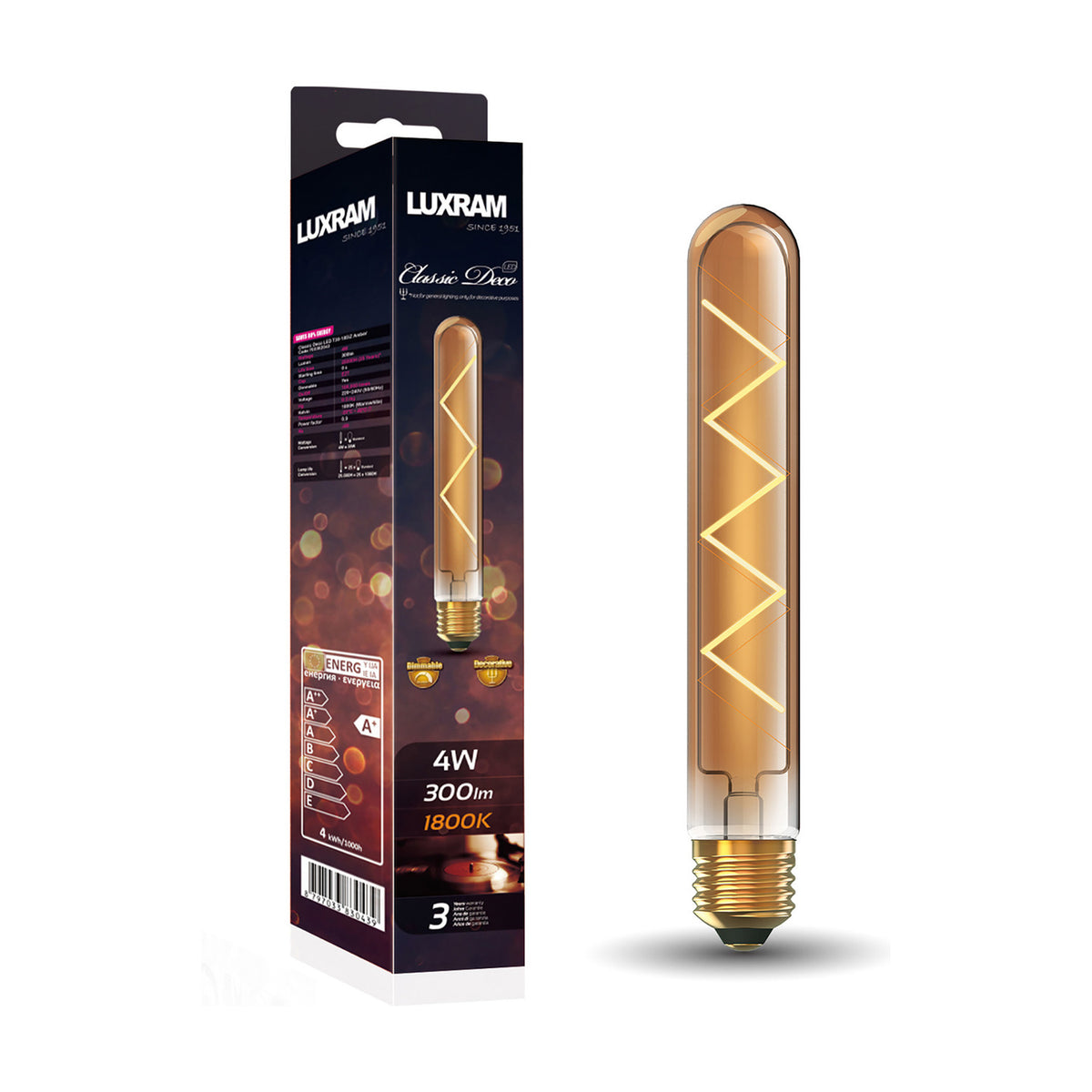E27 Tube 185mm Zigzag Dimmable LED Bulb 4W 1800K - Gold