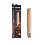 E27 Tube 185mm straight dimmable LED bulb in gold-tinted glass with visible filament, 4W 1800K, shown beside its Luxram packaging on a white background.