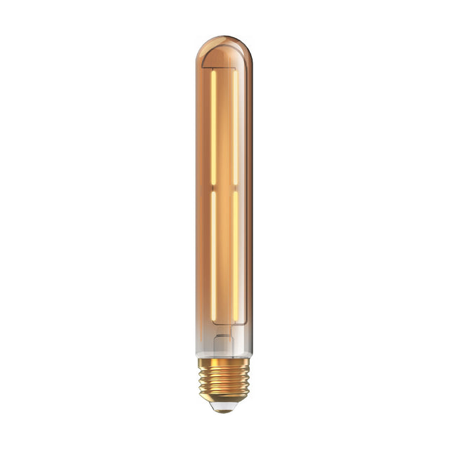 E27 Tube 185mm straight dimmable LED bulb, gold-tinted glass with visible LED filament, 4W 1800K warm amber glow, shown on a plain white background.